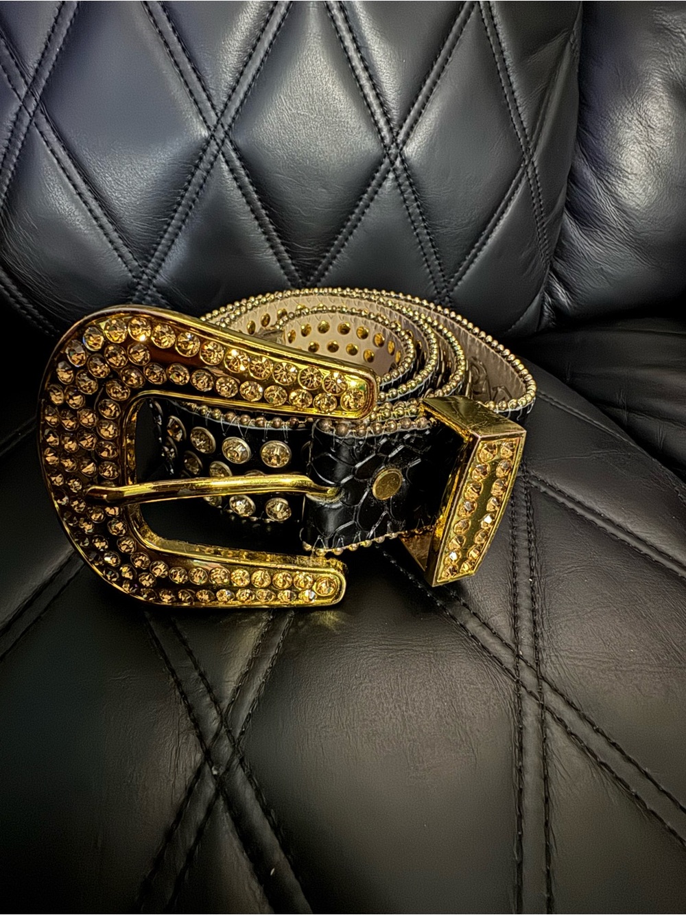 Gold Crystal Buckle Black Leather Women’s Belt